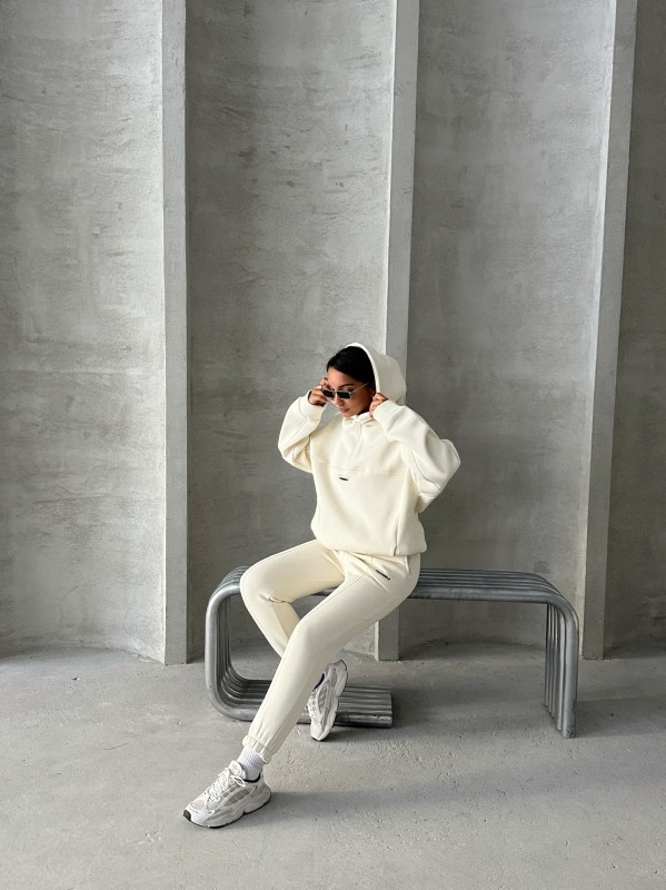 TKM-3639 Ekru Always Enjoy Yazı Baskılı Kapüşonlu Sweatshirt Çimalı Jogger Üç İplik Şardonlu İkili Takım - 3