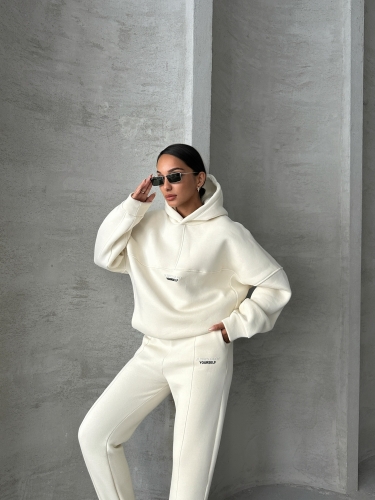 TKM-3639 Ekru Always Enjoy Yazı Baskılı Kapüşonlu Sweatshirt Çimalı Jogger Üç İplik Şardonlu İkili Takım - 6
