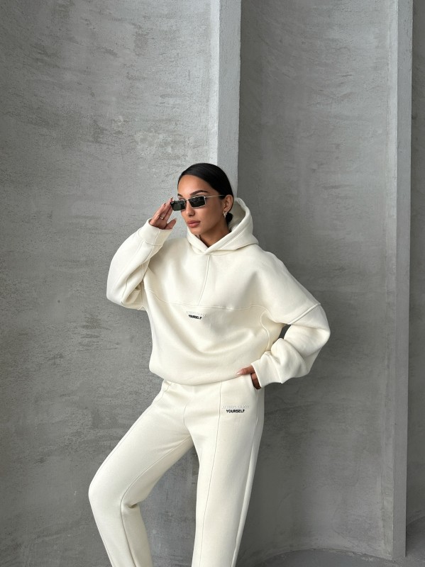 TKM-3639 Ekru Always Enjoy Yazı Baskılı Kapüşonlu Sweatshirt Çimalı Jogger Üç İplik Şardonlu İkili Takım - 6