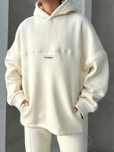 TKM-3639 Ekru Always Enjoy Yazı Baskılı Kapüşonlu Sweatshirt Çimalı Jogger Üç İplik Şardonlu İkili Takım - 4