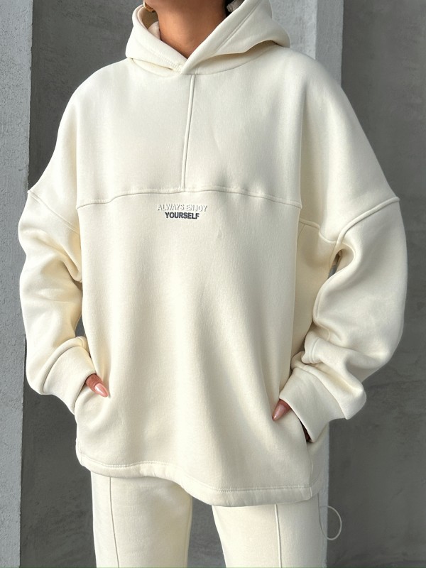 TKM-3639 Ekru Always Enjoy Yazı Baskılı Kapüşonlu Sweatshirt Çimalı Jogger Üç İplik Şardonlu İkili Takım - 4