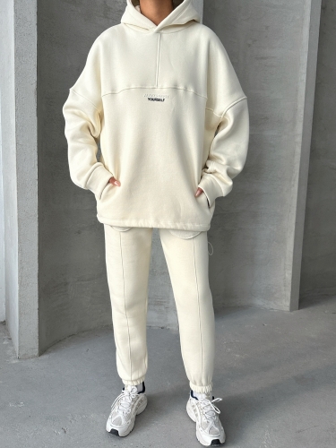 TKM-3639 Ekru Always Enjoy Yazı Baskılı Kapüşonlu Sweatshirt Çimalı Jogger Üç İplik Şardonlu İkili Takım - 7
