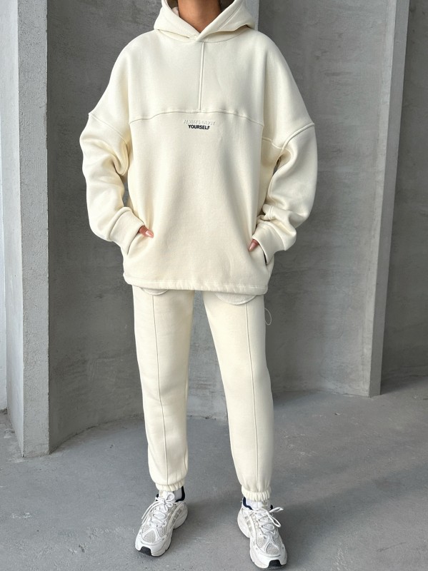 TKM-3639 Ekru Always Enjoy Yazı Baskılı Kapüşonlu Sweatshirt Çimalı Jogger Üç İplik Şardonlu İkili Takım - 7