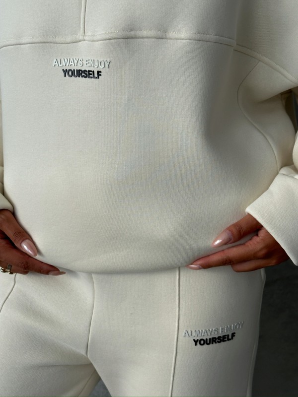 TKM-3639 Ekru Always Enjoy Yazı Baskılı Kapüşonlu Sweatshirt Çimalı Jogger Üç İplik Şardonlu İkili Takım - 9