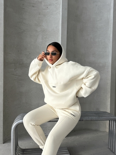 TKM-3639 Ekru Always Enjoy Yazı Baskılı Kapüşonlu Sweatshirt Çimalı Jogger Üç İplik Şardonlu İkili Takım 