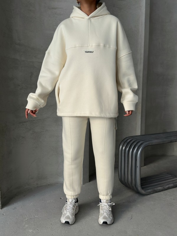 TKM-3639 Ekru Always Enjoy Yazı Baskılı Kapüşonlu Sweatshirt Çimalı Jogger Üç İplik Şardonlu İkili Takım - 10