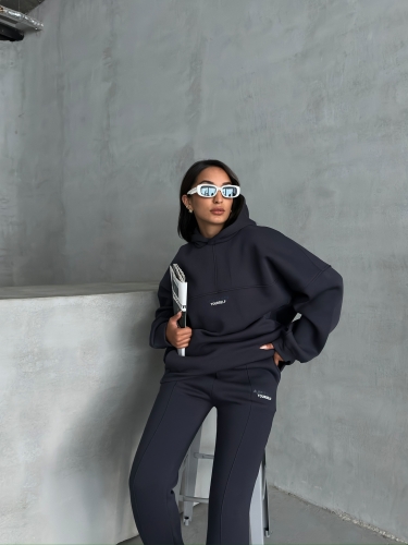 TKM-3639 Füme Always Enjoy Yazı Baskılı Kapüşonlu Sweatshirt Çimalı Jogger Üç İplik Şardonlu İkili Takım - 5