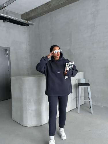 TKM-3639 Füme Always Enjoy Yazı Baskılı Kapüşonlu Sweatshirt Çimalı Jogger Üç İplik Şardonlu İkili Takım 
