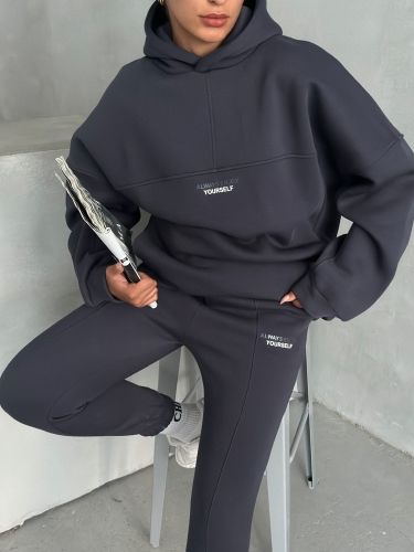 TKM-3639 Füme Always Enjoy Yazı Baskılı Kapüşonlu Sweatshirt Çimalı Jogger Üç İplik Şardonlu İkili Takım - 3