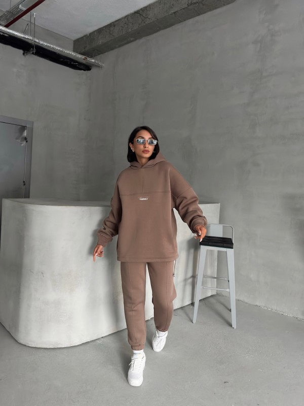 TKM-3639 Kahverengi Always Enjoy Yazı Baskılı Kapüşonlu Sweatshirt Çimalı Jogger Üç İplik Şardonlu İkili Takım - 1