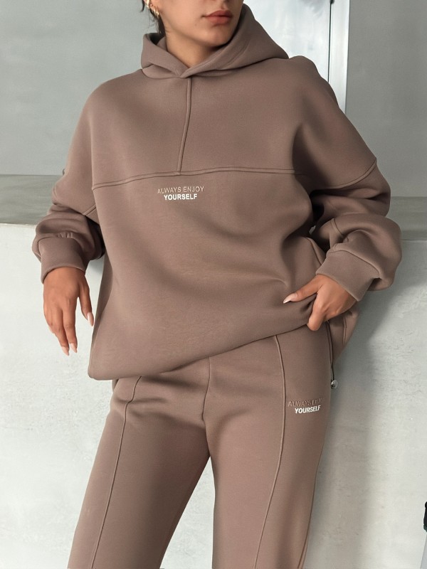 TKM-3639 Kahverengi Always Enjoy Yazı Baskılı Kapüşonlu Sweatshirt Çimalı Jogger Üç İplik Şardonlu İkili Takım - 5