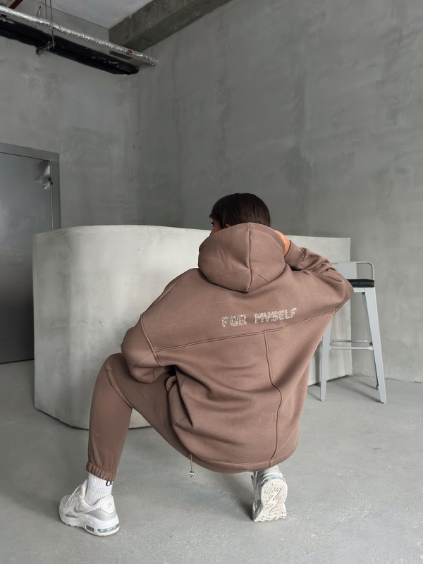 TKM-3639 Kahverengi Always Enjoy Yazı Baskılı Kapüşonlu Sweatshirt Çimalı Jogger Üç İplik Şardonlu İkili Takım - 6