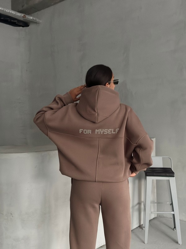 TKM-3639 Kahverengi Always Enjoy Yazı Baskılı Kapüşonlu Sweatshirt Çimalı Jogger Üç İplik Şardonlu İkili Takım - 2
