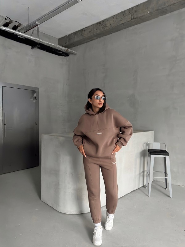 TKM-3639 Kahverengi Always Enjoy Yazı Baskılı Kapüşonlu Sweatshirt Çimalı Jogger Üç İplik Şardonlu İkili Takım - 7