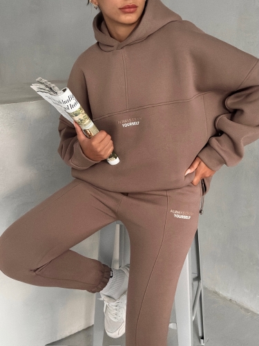 TKM-3639 Kahverengi Always Enjoy Yazı Baskılı Kapüşonlu Sweatshirt Çimalı Jogger Üç İplik Şardonlu İkili Takım - 3