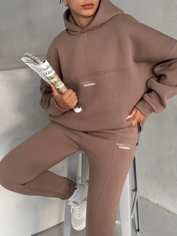 TKM-3639 Kahverengi Always Enjoy Yazı Baskılı Kapüşonlu Sweatshirt Çimalı Jogger Üç İplik Şardonlu İkili Takım - 3