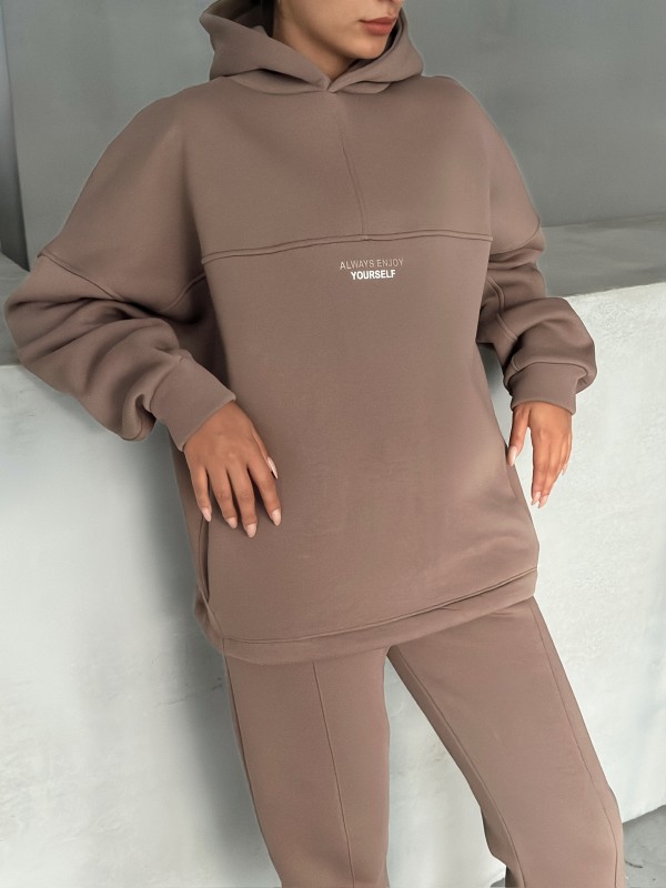 TKM-3639 Kahverengi Always Enjoy Yazı Baskılı Kapüşonlu Sweatshirt Çimalı Jogger Üç İplik Şardonlu İkili Takım - 8