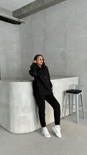 TKM-3639 Siyah Always Enjoy Yazı Baskılı Kapüşonlu Sweatshirt Çimalı Jogger Üç İplik Şardonlu İkili Takım 