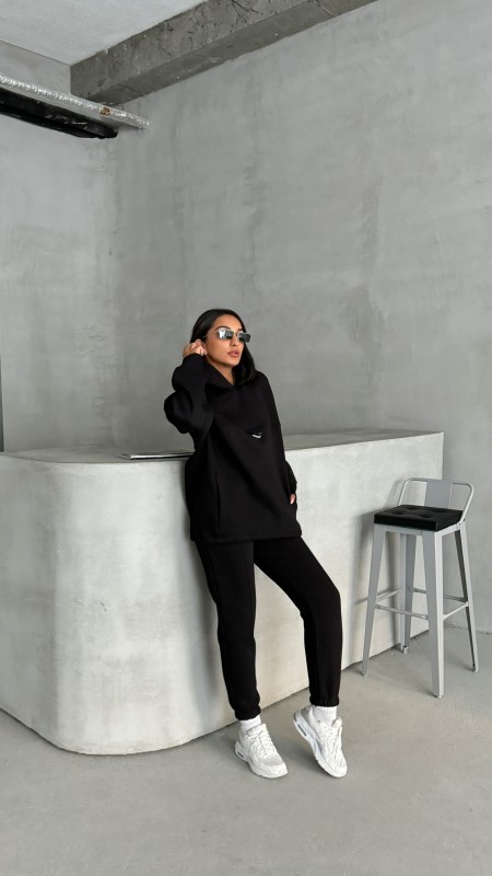 TKM-3639 Siyah Always Enjoy Yazı Baskılı Kapüşonlu Sweatshirt Çimalı Jogger Üç İplik Şardonlu İkili Takım - 1