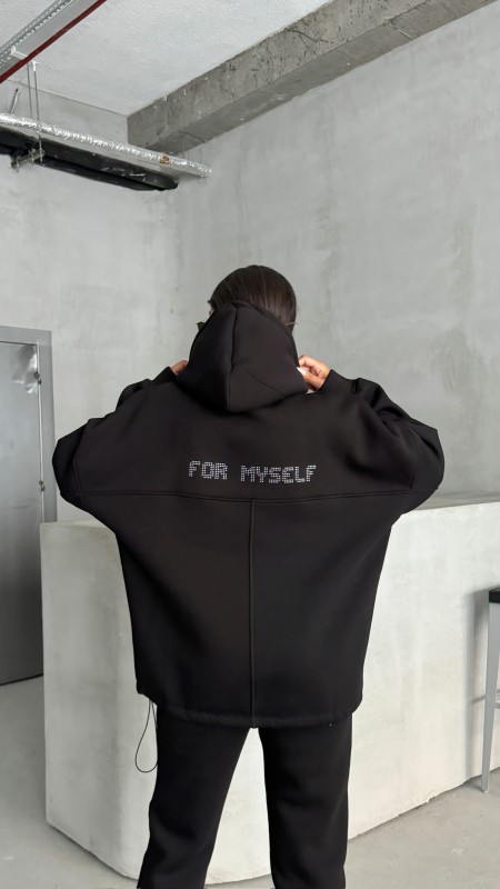 TKM-3639 Siyah Always Enjoy Yazı Baskılı Kapüşonlu Sweatshirt Çimalı Jogger Üç İplik Şardonlu İkili Takım - 2