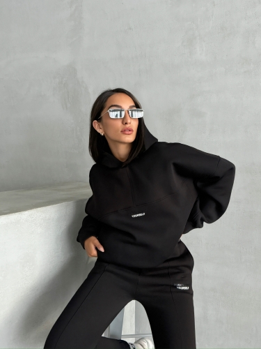 TKM-3639 Siyah Always Enjoy Yazı Baskılı Kapüşonlu Sweatshirt Çimalı Jogger Üç İplik Şardonlu İkili Takım - 4