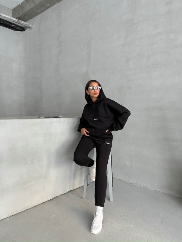 TKM-3639 Siyah Always Enjoy Yazı Baskılı Kapüşonlu Sweatshirt Çimalı Jogger Üç İplik Şardonlu İkili Takım - 5