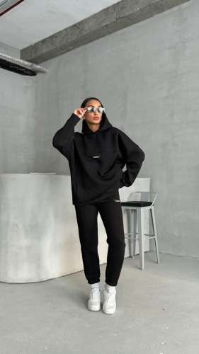TKM-3639 Siyah Always Enjoy Yazı Baskılı Kapüşonlu Sweatshirt Çimalı Jogger Üç İplik Şardonlu İkili Takım - 6