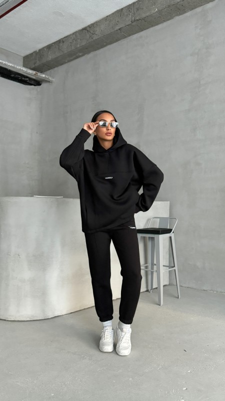 TKM-3639 Siyah Always Enjoy Yazı Baskılı Kapüşonlu Sweatshirt Çimalı Jogger Üç İplik Şardonlu İkili Takım - 6