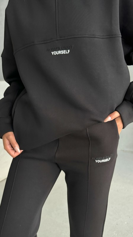 TKM-3639 Siyah Always Enjoy Yazı Baskılı Kapüşonlu Sweatshirt Çimalı Jogger Üç İplik Şardonlu İkili Takım - 3