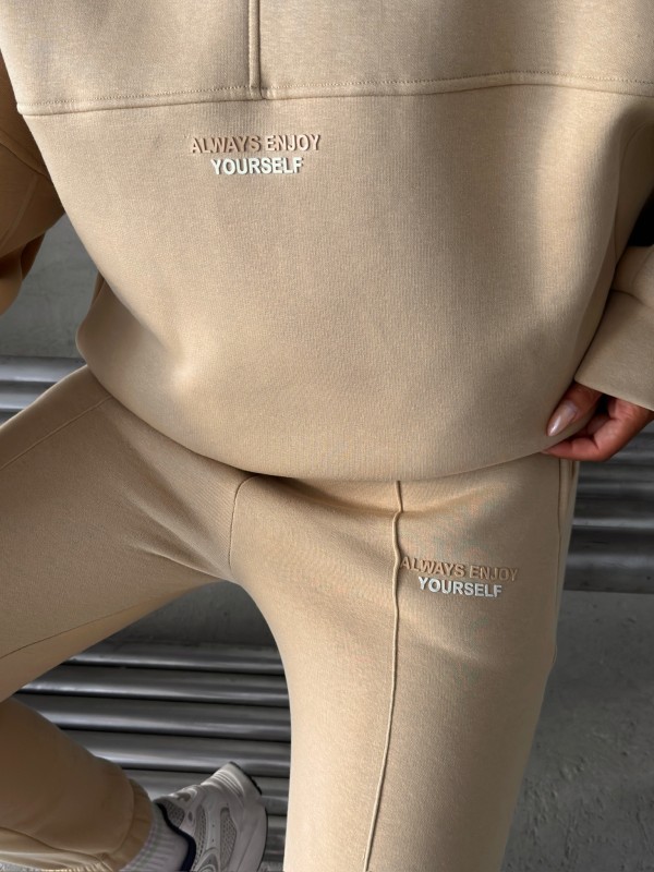 TKM-3639 Vizon Always Enjoy Yazı Baskılı Kapüşonlu Sweatshirt Çimalı Jogger Üç İplik Şardonlu İkili Takım - 3