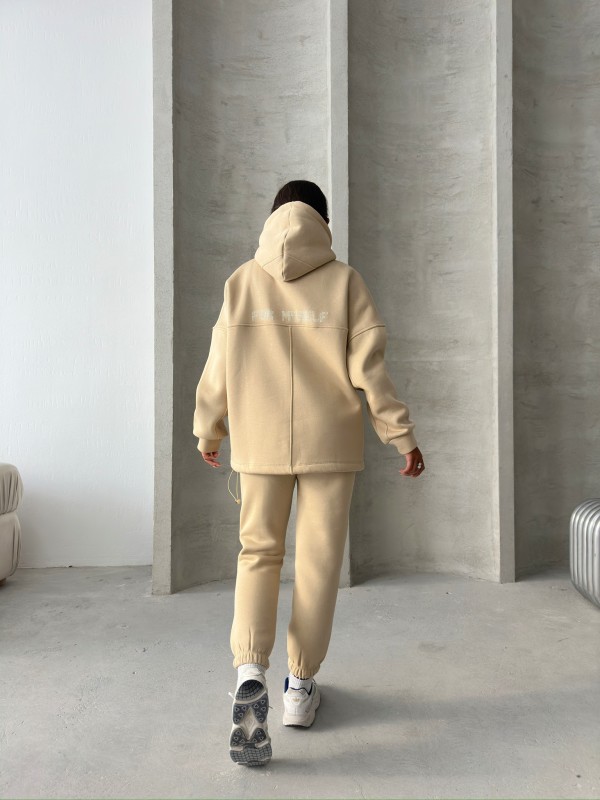 TKM-3639 Vizon Always Enjoy Yazı Baskılı Kapüşonlu Sweatshirt Çimalı Jogger Üç İplik Şardonlu İkili Takım - 8