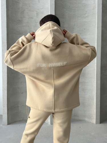 TKM-3639 Vizon Always Enjoy Yazı Baskılı Kapüşonlu Sweatshirt Çimalı Jogger Üç İplik Şardonlu İkili Takım - 2