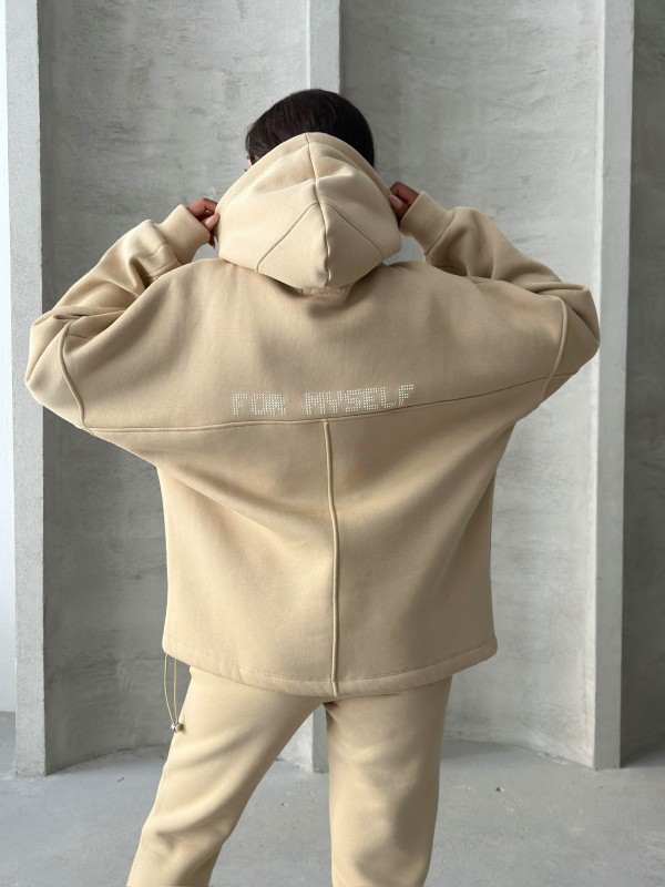 TKM-3639 Vizon Always Enjoy Yazı Baskılı Kapüşonlu Sweatshirt Çimalı Jogger Üç İplik Şardonlu İkili Takım - 2