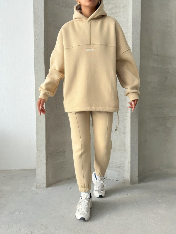 TKM-3639 Vizon Always Enjoy Yazı Baskılı Kapüşonlu Sweatshirt Çimalı Jogger Üç İplik Şardonlu İkili Takım - 4
