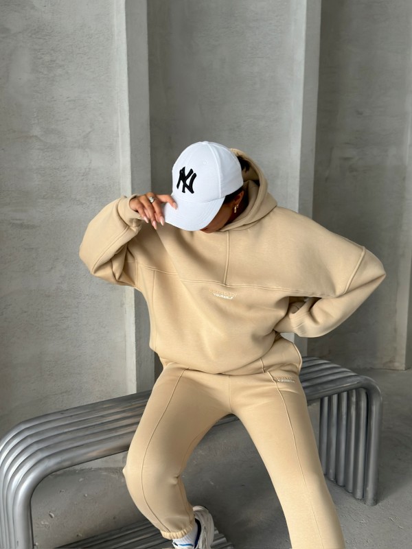 TKM-3639 Vizon Always Enjoy Yazı Baskılı Kapüşonlu Sweatshirt Çimalı Jogger Üç İplik Şardonlu İkili Takım - 5