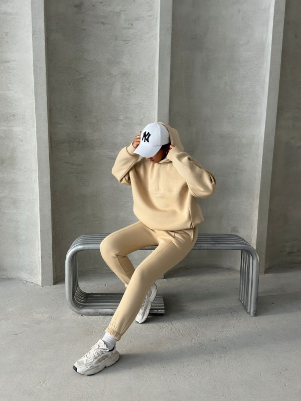 TKM-3639 Vizon Always Enjoy Yazı Baskılı Kapüşonlu Sweatshirt Çimalı Jogger Üç İplik Şardonlu İkili Takım - 6