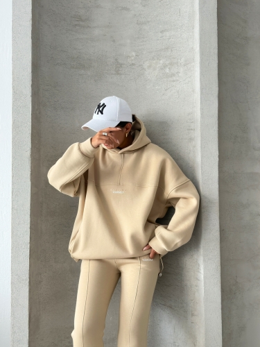 TKM-3639 Vizon Always Enjoy Yazı Baskılı Kapüşonlu Sweatshirt Çimalı Jogger Üç İplik Şardonlu İkili Takım - 7