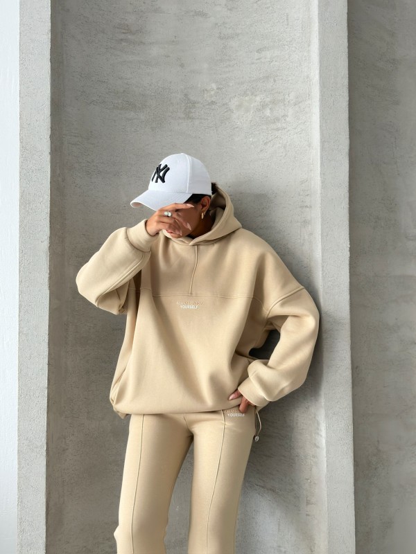 TKM-3639 Vizon Always Enjoy Yazı Baskılı Kapüşonlu Sweatshirt Çimalı Jogger Üç İplik Şardonlu İkili Takım - 7