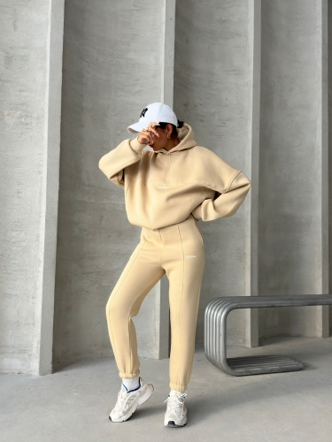 TKM-3639 Vizon Always Enjoy Yazı Baskılı Kapüşonlu Sweatshirt Çimalı Jogger Üç İplik Şardonlu İkili Takım 