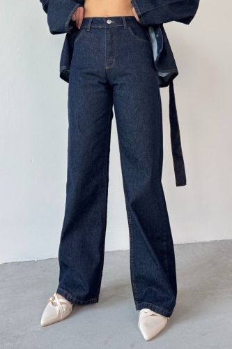 TKM-3689 Lacivert Denim Kuşaklı Ceket Palazzo Pantolon İkili Takım - Thumbnail