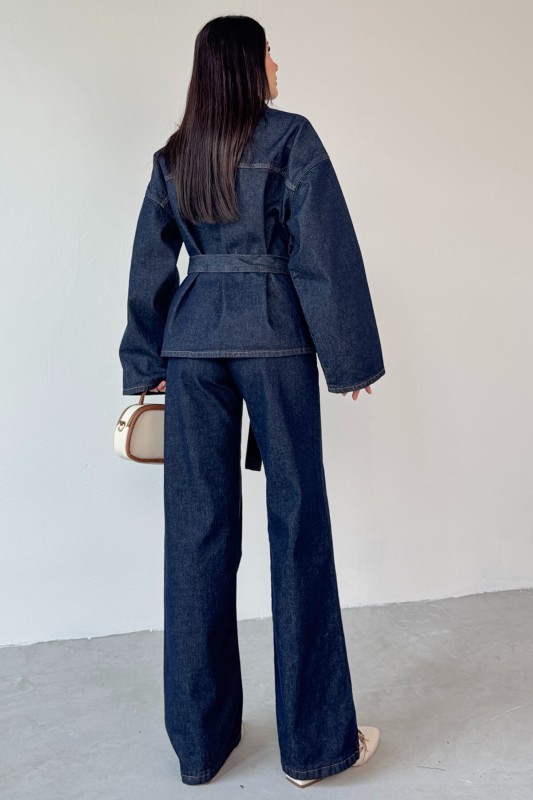 TKM-3689 Lacivert Denim Kuşaklı Ceket Palazzo Pantolon İkili Takım