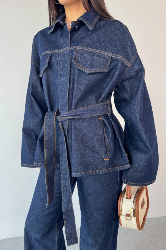 TKM-3689 Lacivert Denim Kuşaklı Ceket Palazzo Pantolon İkili Takım