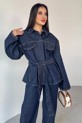 Cappmoda - TKM-3689 Lacivert Denim Kuşaklı Ceket Palazzo Pantolon İkili Takım (1)