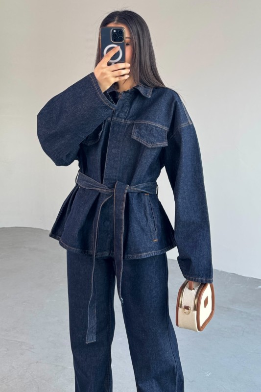 TKM-3689 Lacivert Denim Kuşaklı Ceket Palazzo Pantolon İkili Takım