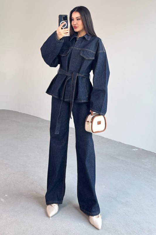 TKM-3689 Lacivert Denim Kuşaklı Ceket Palazzo Pantolon İkili Takım