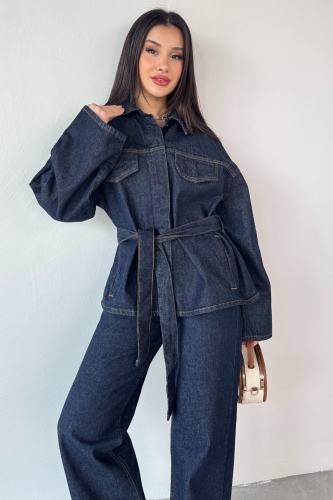 TKM-3689 Lacivert Denim Kuşaklı Ceket Palazzo Pantolon İkili Takım - Thumbnail