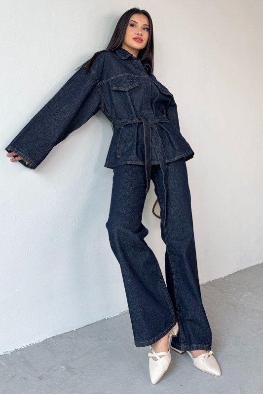 TKM-3689 Lacivert Denim Kuşaklı Ceket Palazzo Pantolon İkili Takım