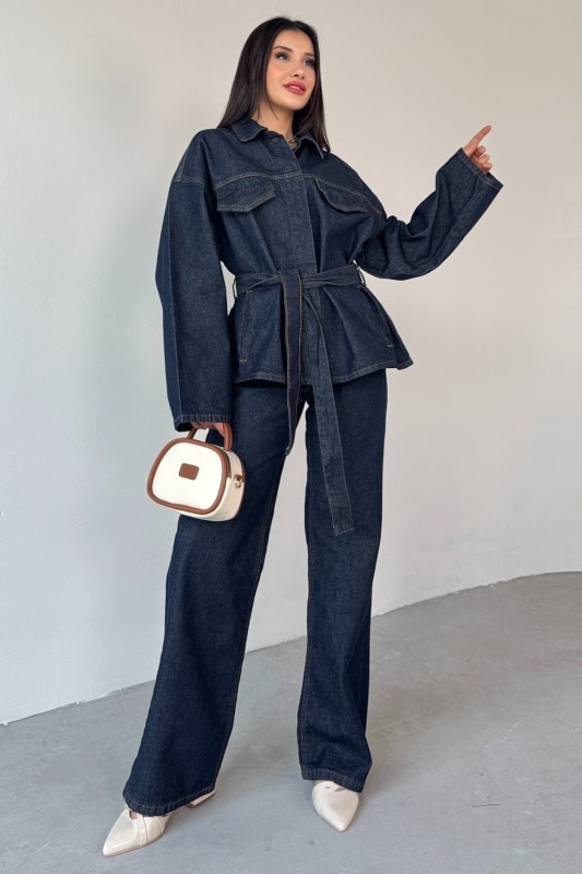 TKM-3689 Lacivert Denim Kuşaklı Ceket Palazzo Pantolon İkili Takım