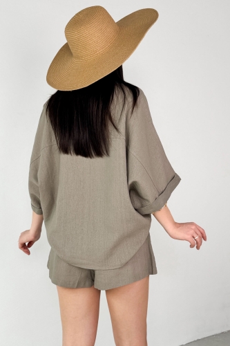 Cappmoda - TKM-51036 Vizon Gömlek Hasır Kemerli Şort İkili Takım (1)