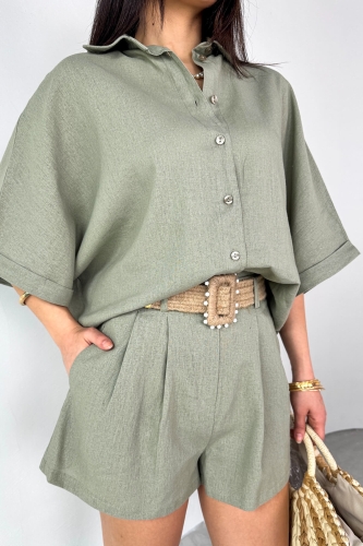 Cappmoda - TKM-51036 Çağla Yeşili Gömlek Hasır Kemerli Şort İkili Takım (1)